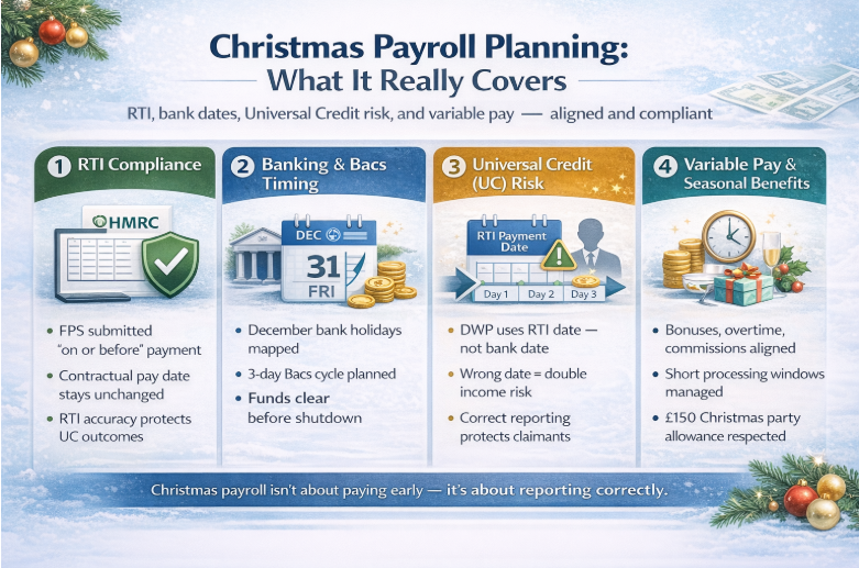 Introduction: Navigating the Christmas payroll cycle is one of the most complex operational hurdles for UK employers. While the intention to provide employees with their wages ahead of the festive break is positive, it creates a collision between standard payroll software logic and HMRC’s Real Time Information (RTI) reporting requirements. If you want December handled without last-minute risk, the safest route is a documented process supported by specialist payroll accountants. Managing a payroll over Christmas requires a precise balance of banking deadlines, statutory reporting, and employee welfare. For the 2025/26 tax year, the alignment of bank holidays and weekend dates necessitates advanced planning so that “paying early” does not trigger penalties, incorrect payroll periods, or downstream Universal Credit disruptions. If you want the December run aligned end-to-end, the wider context of how payroll works across PAYE/NI/RTI is outlined in Lanop’s UK payroll services guide. What Christmas payroll planning covers (RTI, bank dates, UC risk, bonuses)