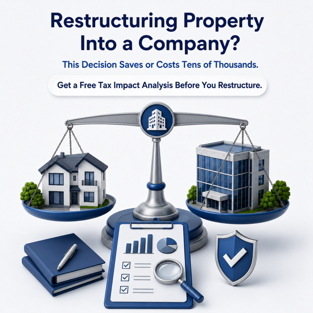 Restructuring Property Into a Company This Decision Saves or Costs Tens of Thousands in Tax. Get a Free Tax Impact Analysis Before You Restructure. [BUTTON Book Expert Consultation] Tone High stakes, expert authority