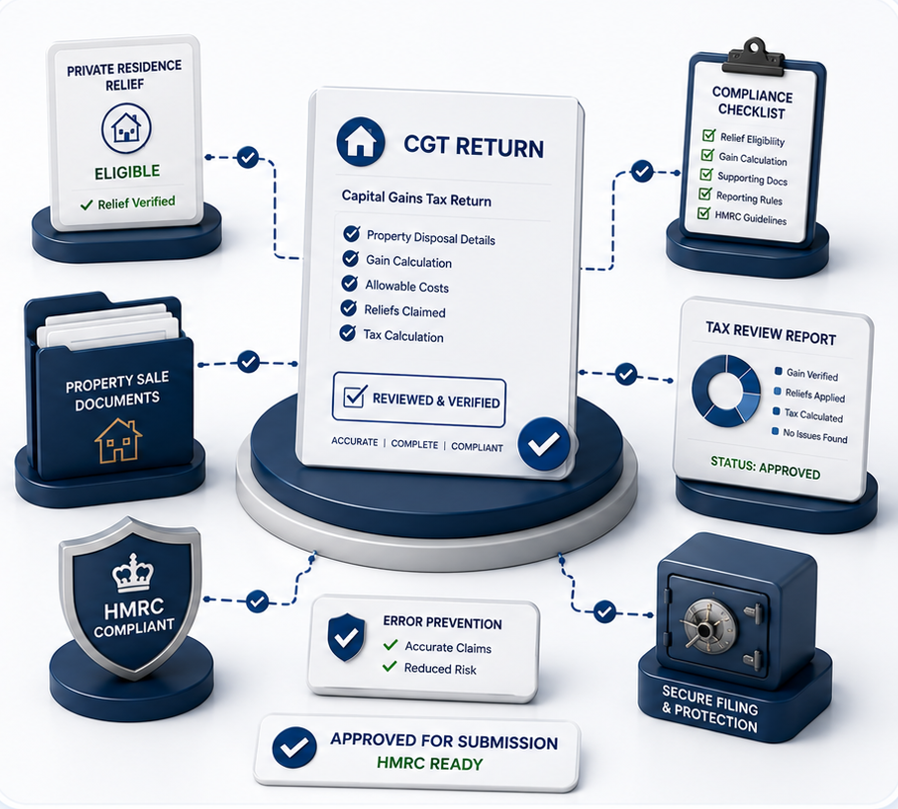 Claiming relief incorrectly can trigger HMRC inquiries. Our specialists ensure your CGT return is accurate and optimized.