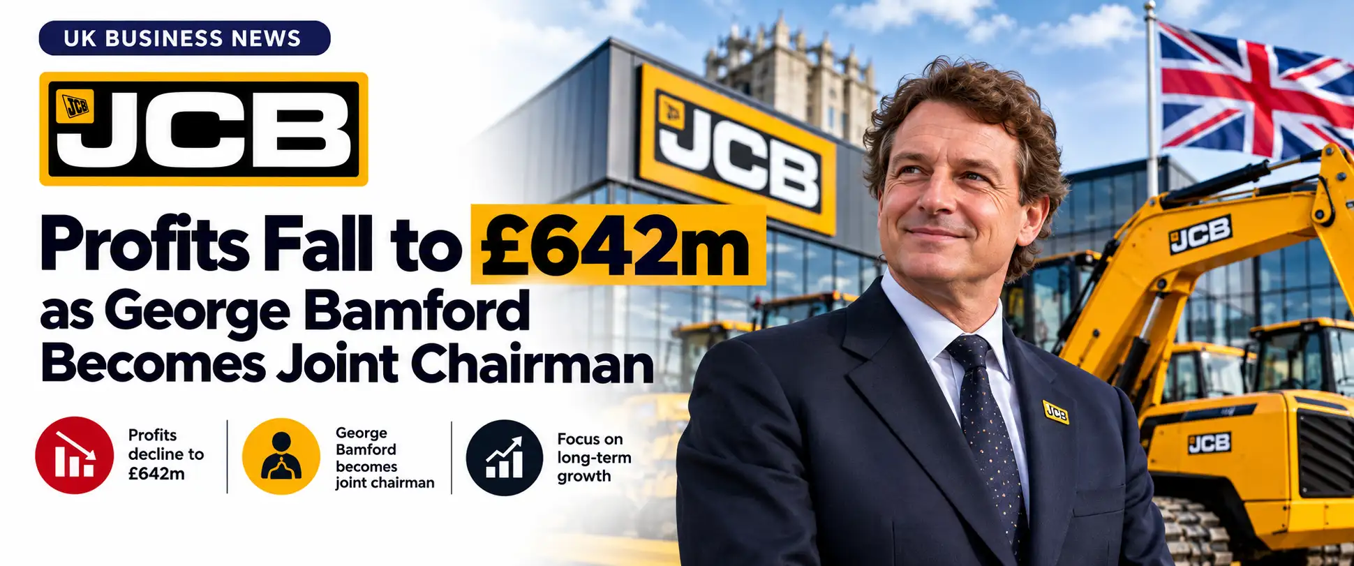 Home JCB Profits Fall to £642m as George Bamford Becomes Joint Chairman